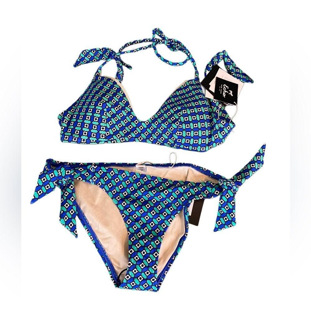 Blue Geometric Tie-Side Bikini Set